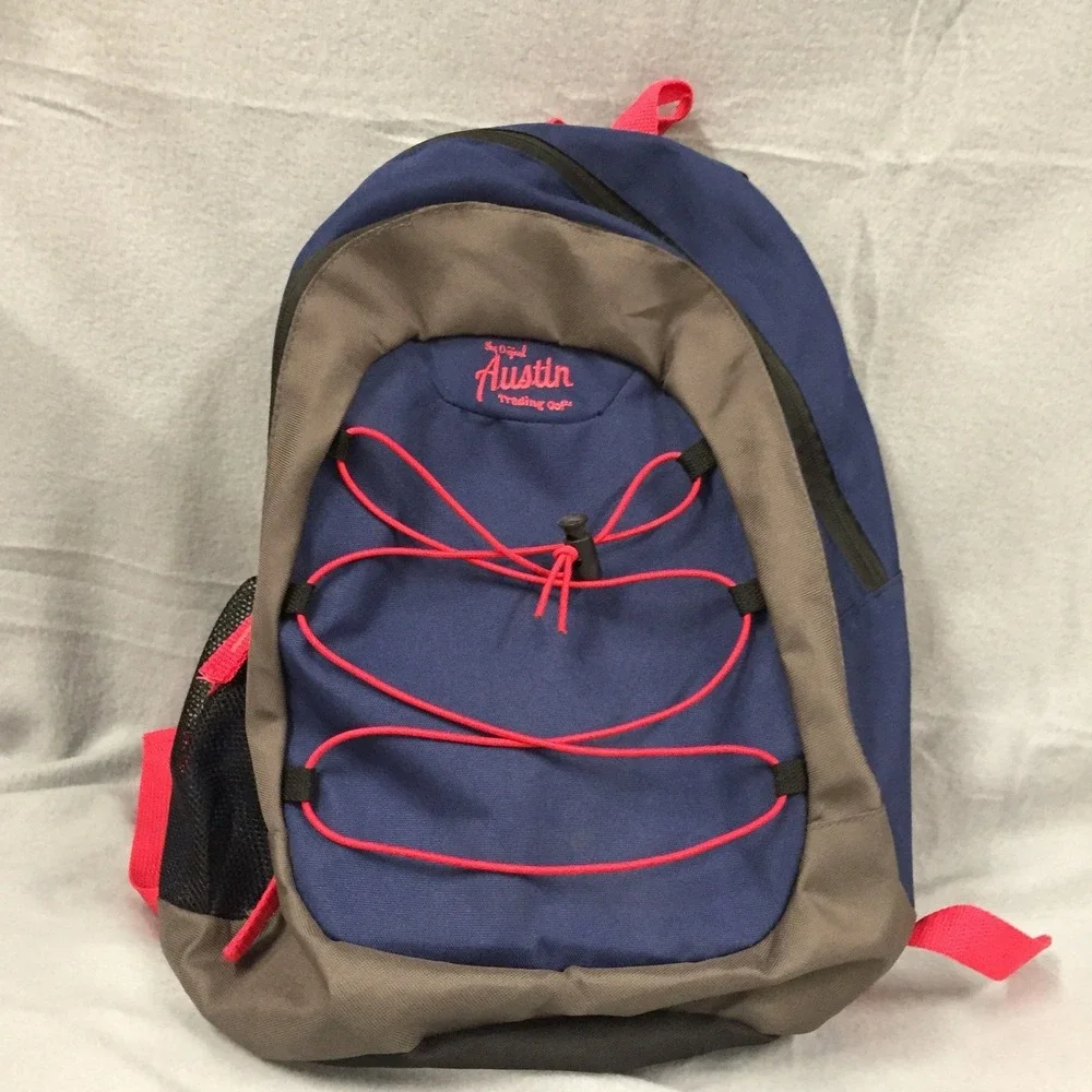 Austin Trading Co Bungee Cord Backpack School Bag 17in Navy Blue Green Red‎